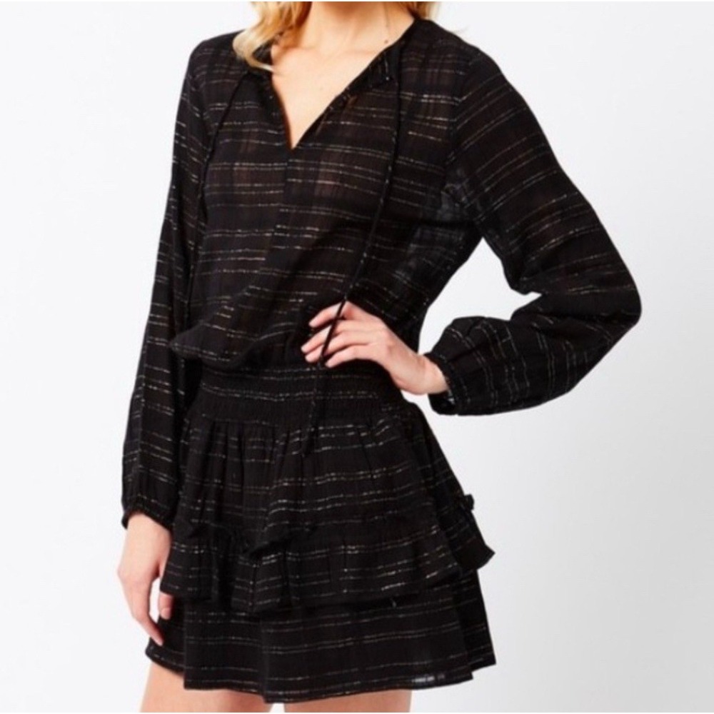 Vacate The Label Escape Smocked Ruffle Long Sleeve Dress Black Silver Sz S NWT‎